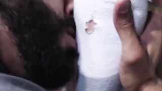 Deviant bearded guard foot fucks restrained prisoner