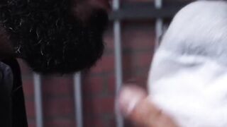 Deviant bearded guard foot fucks restrained prisoner