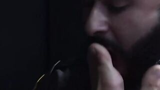 Deviant bearded guard foot fucks restrained prisoner