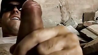 Big dick stud jerking off solo and pissing on himself