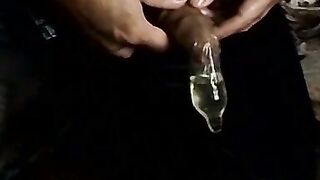 Big dick stud jerking off solo and pissing on himself