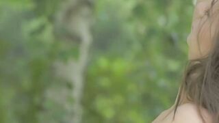 Adorable brunette Gloria Sol shows her natural tits outdoors