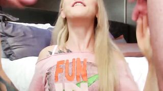 Skinny shemale double teamed and facialized by hung studs