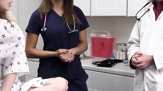 Tattooed nurse Cassie Del Isla and babe Lana Smalls moan while the pervy doctor breed