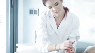 Redhead lady doctor Bailey D rides her patients hard cock