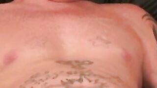 Tattooed amateur jerks off his rock hard cock before cumshot