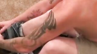 Tattooed amateur jerks off his rock hard cock before cumshot
