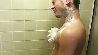 Big strong dick brunette twink wanking it hard in the shower