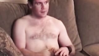 Hairy amateur strokes his throbbing dick into big cumshot