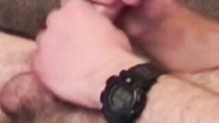 Hairy amateur strokes his throbbing dick into big cumshot