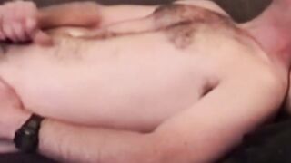 Hairy amateur strokes his throbbing dick into big cumshot