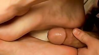 Tattoed twink worships his feet and cums after jacking off