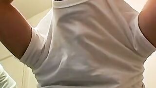 Bathroom cumshot all over this jock and his sexy feet too