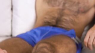Hairy muscular stud receives foot worship and toe licking