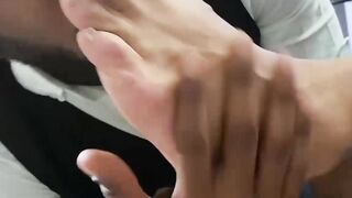 Gay black boss jerks off while his employee sucks his toes