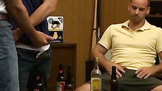 Mature man swallowing two cocks and eating cum in the end