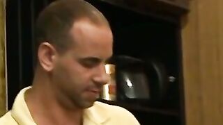 Mature man swallowing two cocks and eating cum in the end