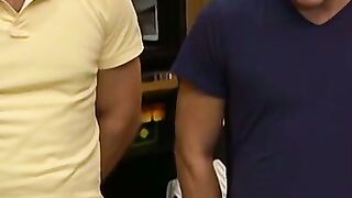 Mature man swallowing two cocks and eating cum in the end