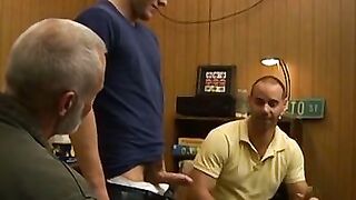 Mature man swallowing two cocks and eating cum in the end