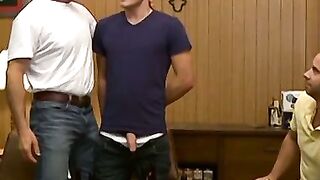 Mature man swallowing two cocks and eating cum in the end