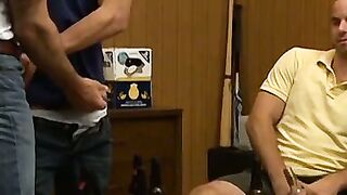 Mature man swallowing two cocks and eating cum in the end