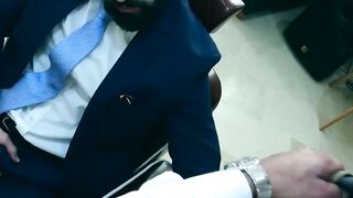 Bearded businessman Miguel Angel bareback barber banging
