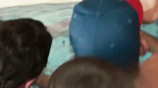 Bareback foursome with hot studs in the pool and on the deck