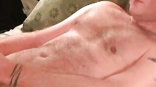 Tattooed senior jerking off his cock and cums in hot solo