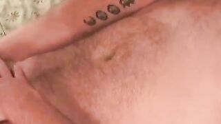Tattooed senior jerking off his cock and cums in hot solo