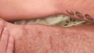 Tattooed senior jerking off his cock and cums in hot solo