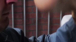 Bearded guard Rikk York receives foot licking from prisoner