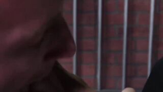 Bearded guard Rikk York receives foot licking from prisoner