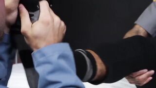 Bearded guard Rikk York receives foot licking from prisoner