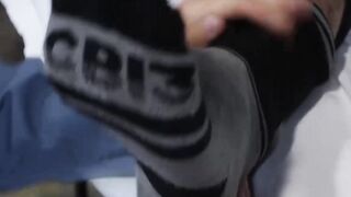 Bearded guard Rikk York receives foot licking from prisoner