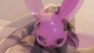 Cock sucker Miss Pink in a bunny mask sucks a load of cum out of Rule Mans cock
