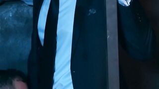 Executive office hunks meet for glory hole bareback drilling