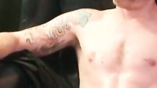 Tattooed slim amateur masturbates solo and cums on plate
