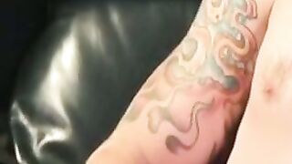 Tattooed slim amateur masturbates solo and cums on plate