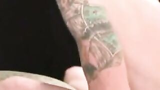 Tattooed slim amateur masturbates solo and cums on plate