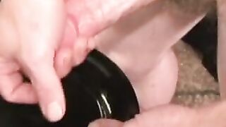 Tattooed slim amateur masturbates solo and cums on plate