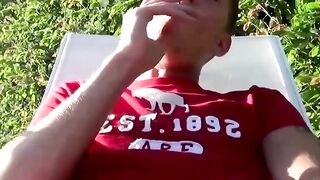 Smoker twink Ryan plays with his ass while stroking his cock