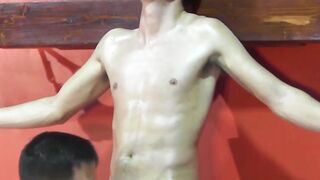 Master gives slave blowjob and torments his slim body rough