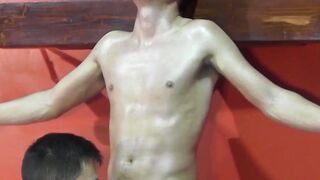 Master gives slave blowjob and torments his slim body rough