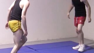 Petite gays spar together hardcore and slowly strip naked