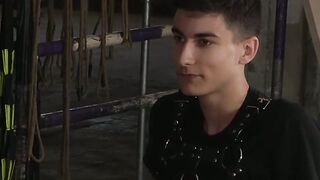 Restrained sub Axel Rubberax spanked and tickled by dom