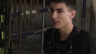 Restrained sub Axel Rubberax spanked and tickled by dom