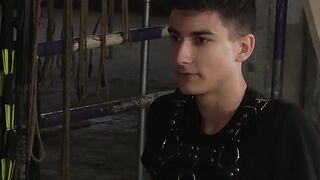 Restrained sub Axel Rubberax spanked and tickled by dom