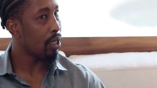 Black Isiah Maxwell tugs his monster cock in a foursome fuck