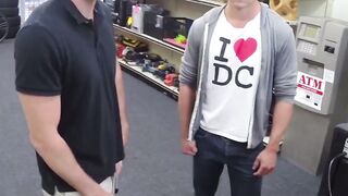 Handsome young stud spitroasted by BDSM pawn brokers