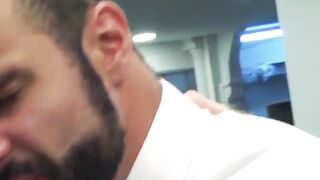 Inked classy hunk Matthew Anders drilling hairy businessman